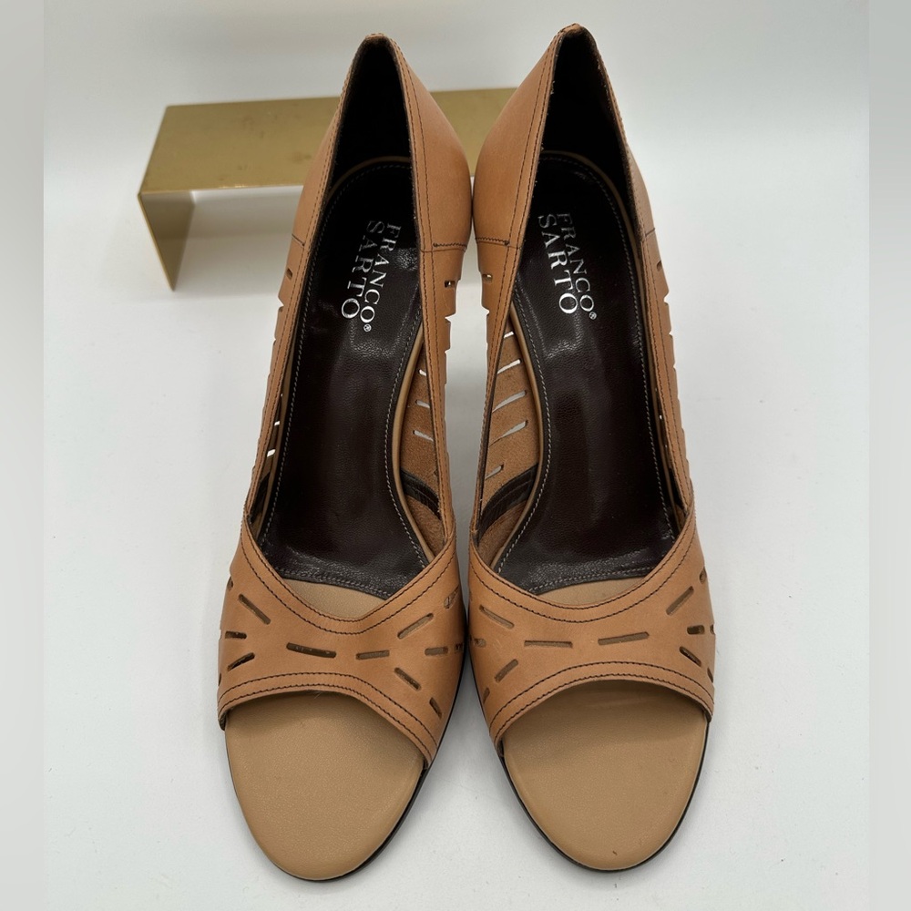 FRANCO SARTO Tan Cutout Leather Peep Toe Heels | Size 10 - Picture 3 of 11